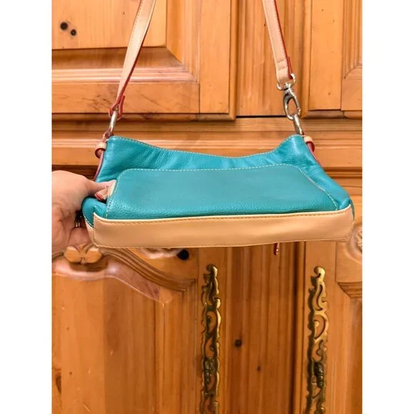 Tignanello Turquoise & Beige Pebbled Leather Convertible Bag w Front Pocket Adj - Picture 3 of 13